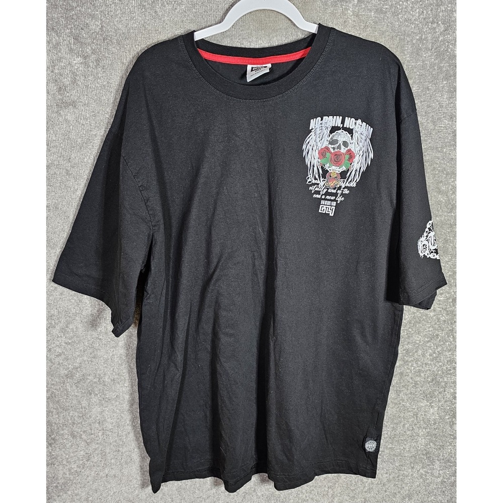 GTL4 No Pain No Gain Graphic T-Shirt Mens Size 5XB‎ Black Skulls Red Roses Wings